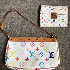 Takashi Murakami x Louis Vuitton White Multicolor Pochette and Matching Wallet